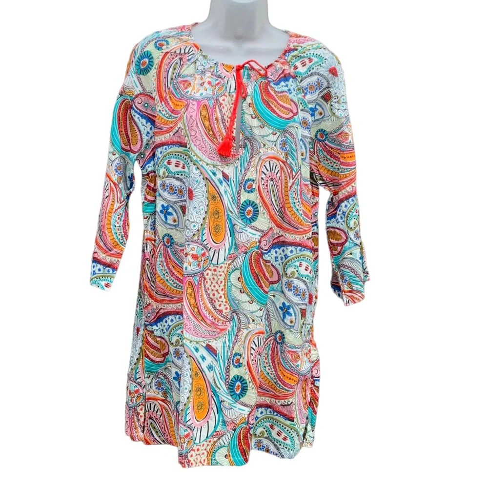 J CREW Women's Sz M Artful Floral‎ Boho Tassel Tie Beach Lightweight Tunic Top